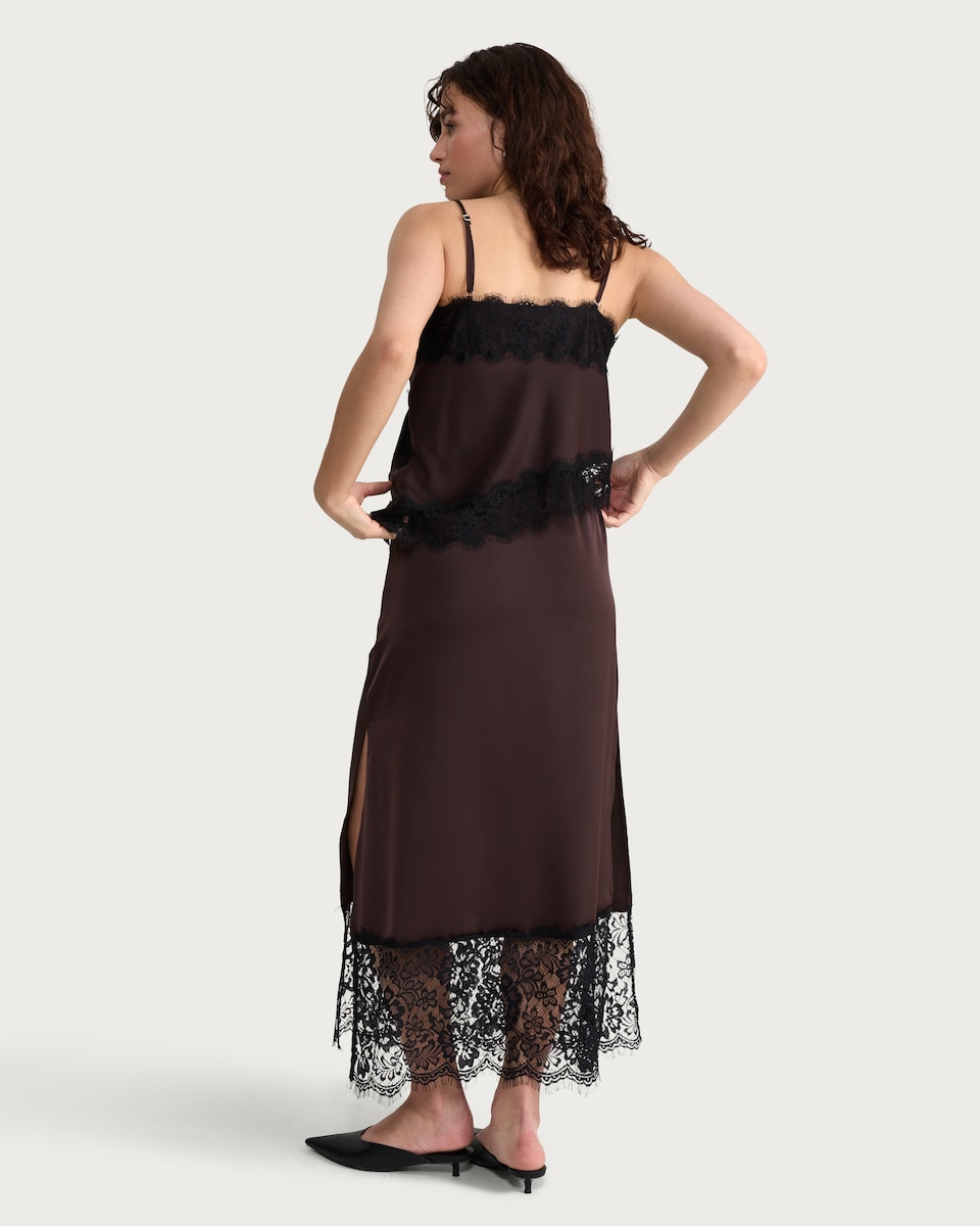 image 1 of F&F Satin Lace Trim Co-ord Midi Skirt in Chocolate