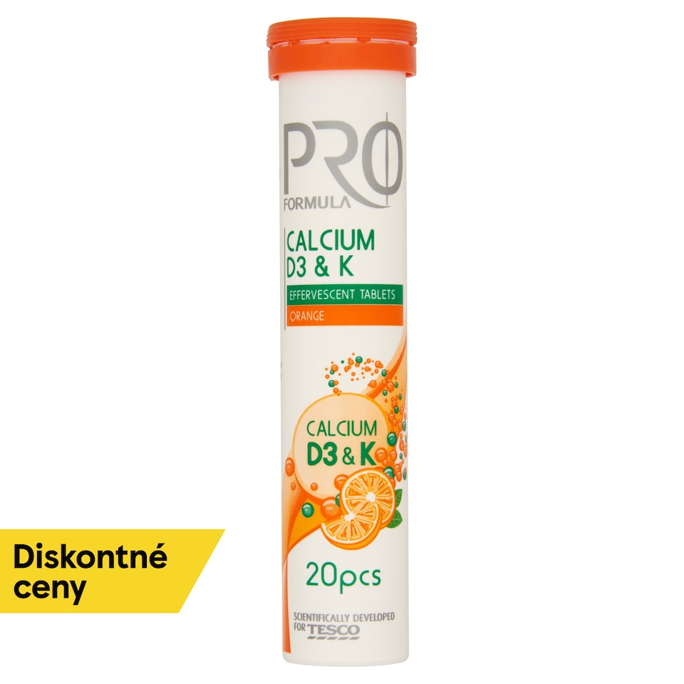 Tesco Pro Formula Šumivé tablety s vápnikom, vitamínom D a K s príchuťou pomaranča 20 tabliet 80 g
