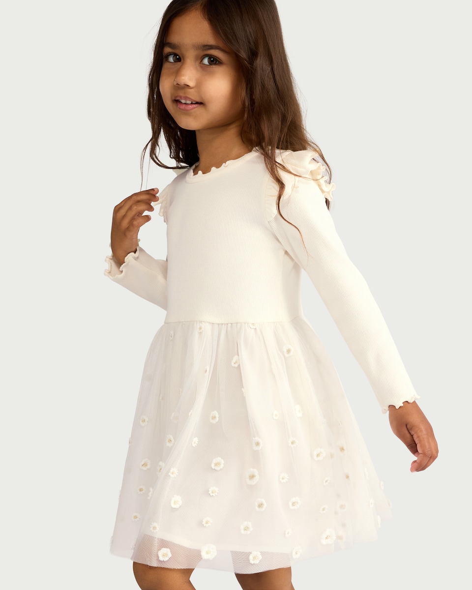 image 1 of F&F Girls Cotton Rich Floral Embroidered Dress in Cream