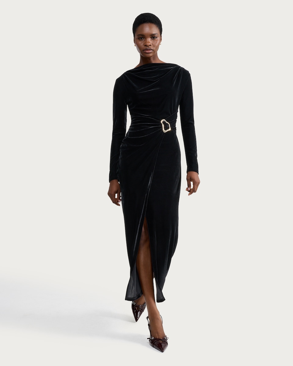 image 1 of F&F Draped Velvet Dress with Gold Buckle in Black