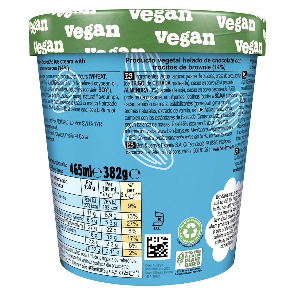 image 1 of Ben & Jerry's Non Dairy Vegan Chocolate Fudge Brownie Ice Cream Tub 465ml