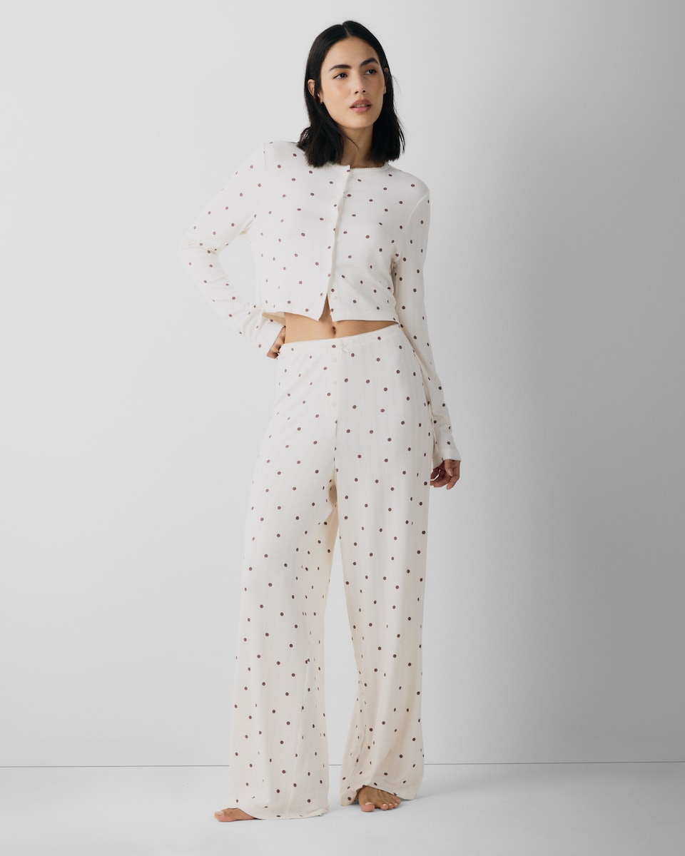 image 1 of F&F Pointelle Polka Dot Pyjama Set in Cream