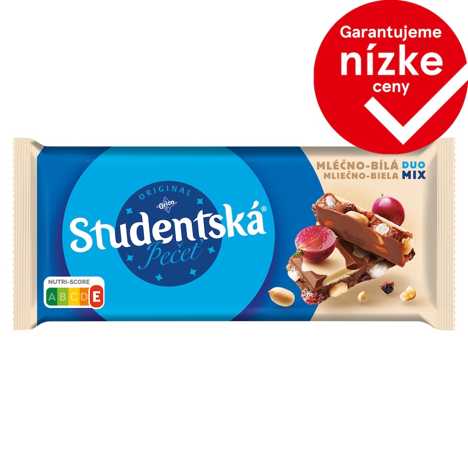 ORION ŠTUDENTSKÁ PEČAŤ mliečno-biela čokoláda s arašidmi, hrozienkami a želé 170 g
