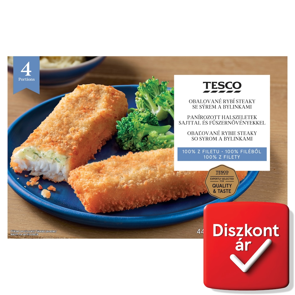 Tesco gyorsfagyasztott elősütött panírozott halszeletek sajttal és fűszernövényekkel 440 g