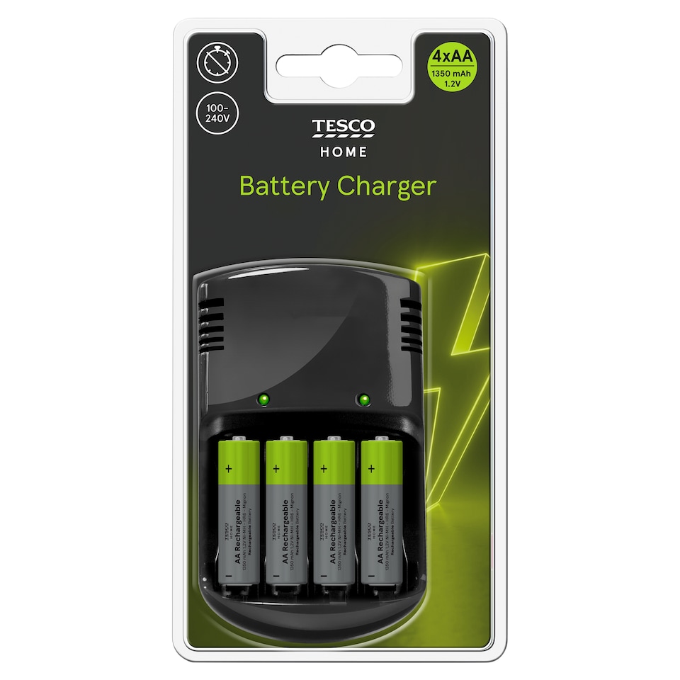 Tesco Home Battery Charger with Rechargeable Batteries AA 4 pcs