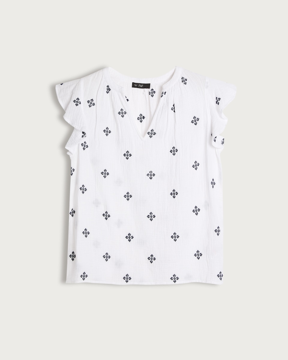 image 1 of F&F Pure Cotton Embroidered Flutter Sleeved Top in Multi White