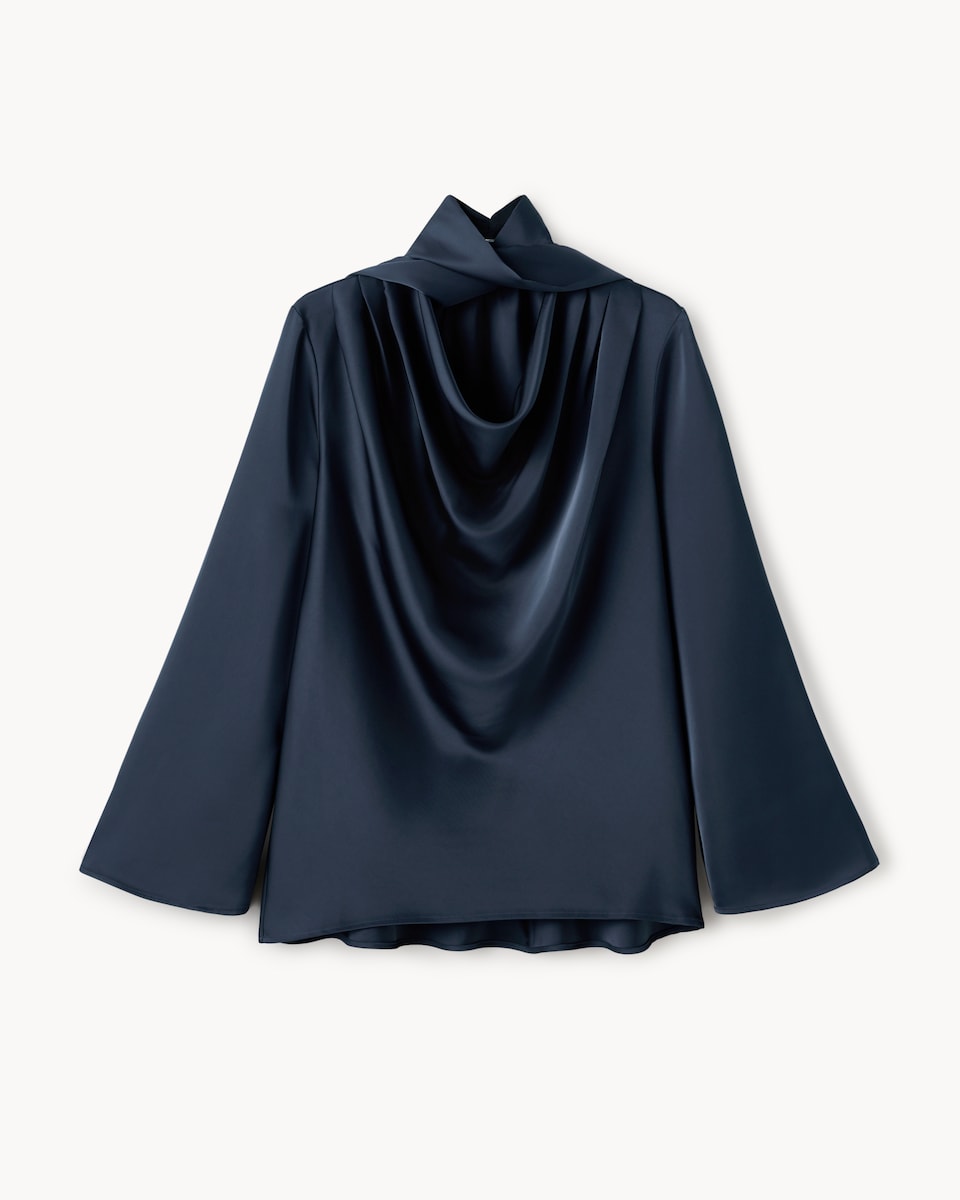image 1 of F&F Satin Draped Blouse in Navy