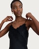 image 2 of F&F Satin Lace Trim Asymmetric Hem Midi Slip Dress in Black