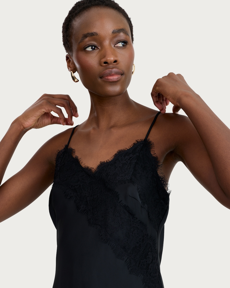 image 1 of F&F Satin Lace Trim Asymmetric Hem Midi Slip Dress in Black