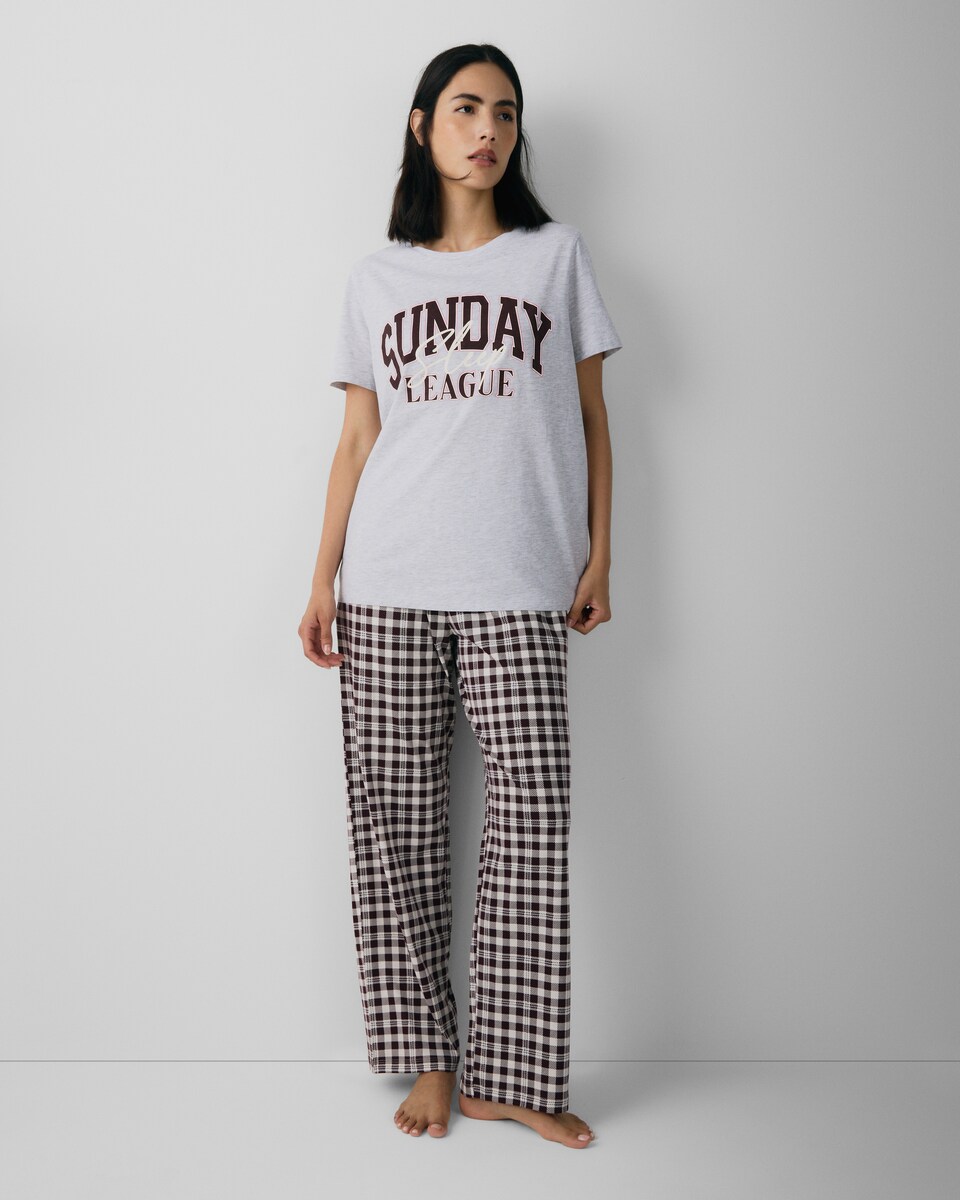 image 1 of F&F Cotton Rich Sunday Print Pyjama Set in Grey