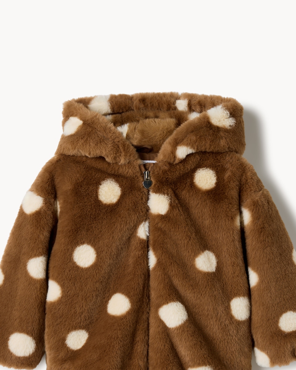 image 1 of F&F Girls Faux Fur Polka Dot Hooded Jacket in Multi Brown