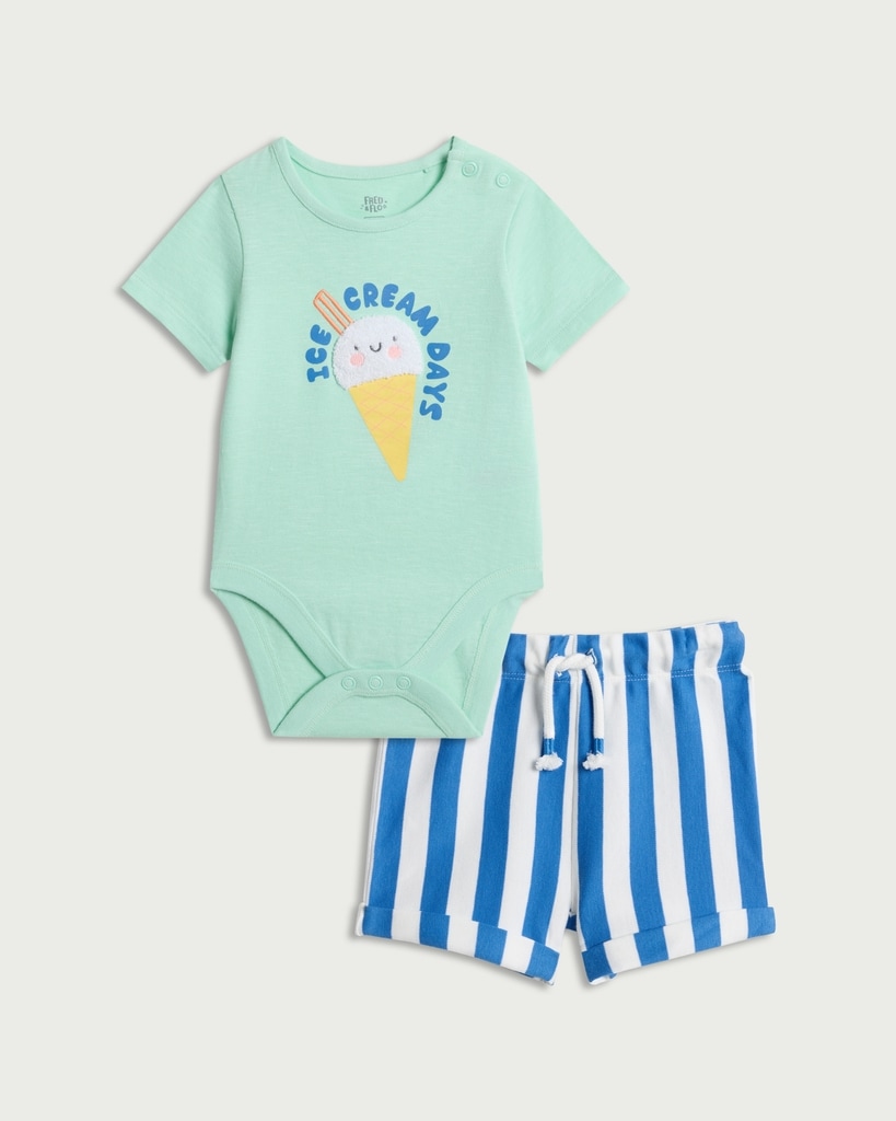 F&F Baby 2-Piece Pure Cotton Bodysuit and Striped Shorts Set in Mint