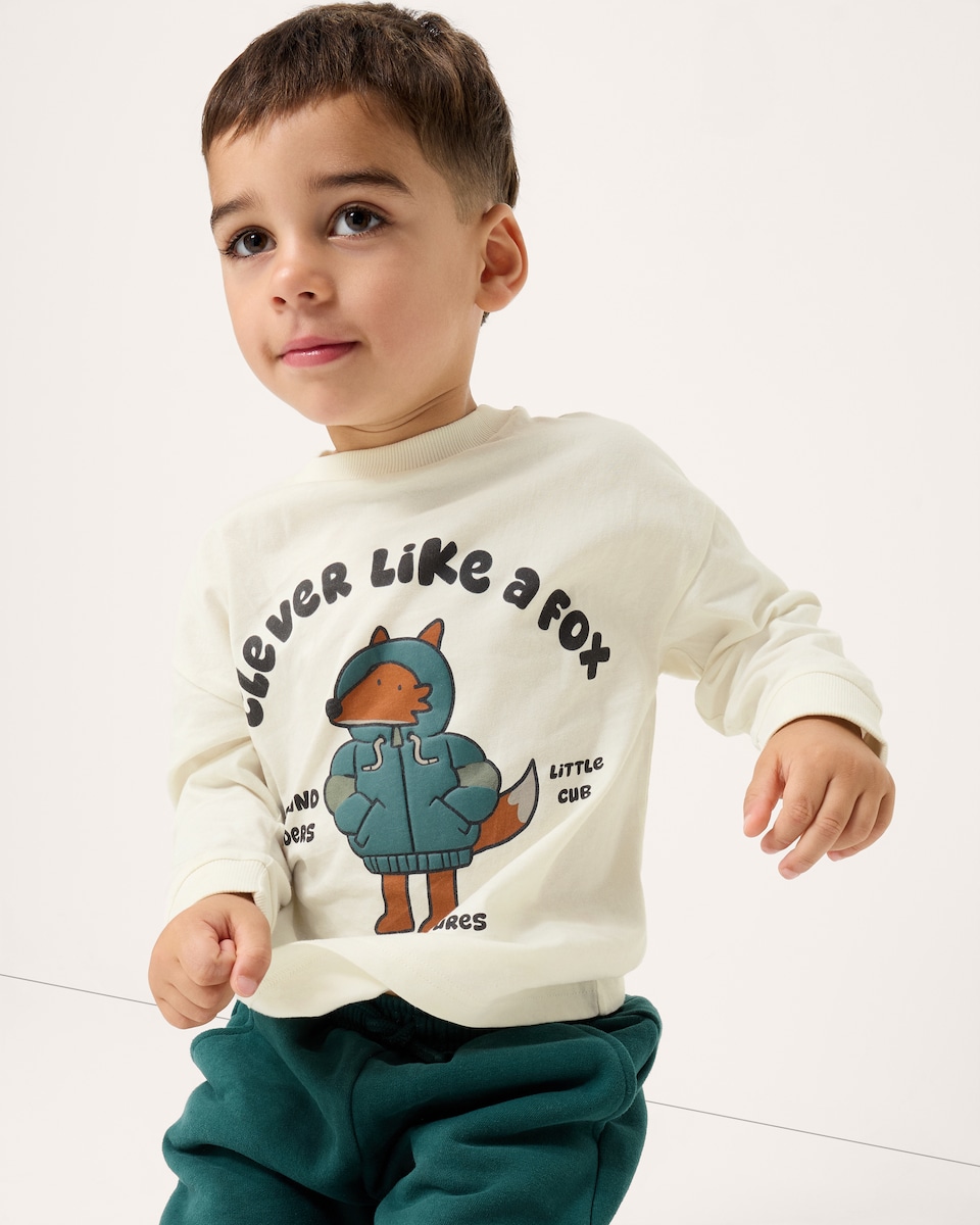 image 1 of F&F Boys Pure Cotton Fox Long Sleeved Top in Cream