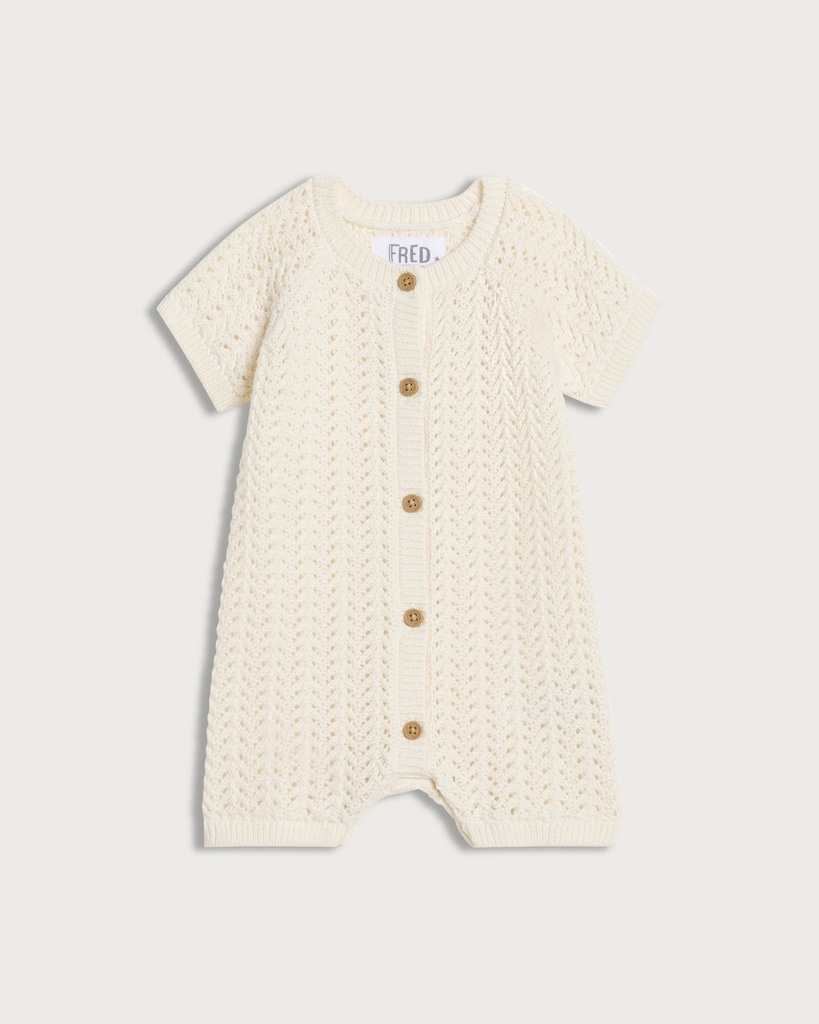F&F Baby Pure Cotton Knitted Short Sleeved Romper in White