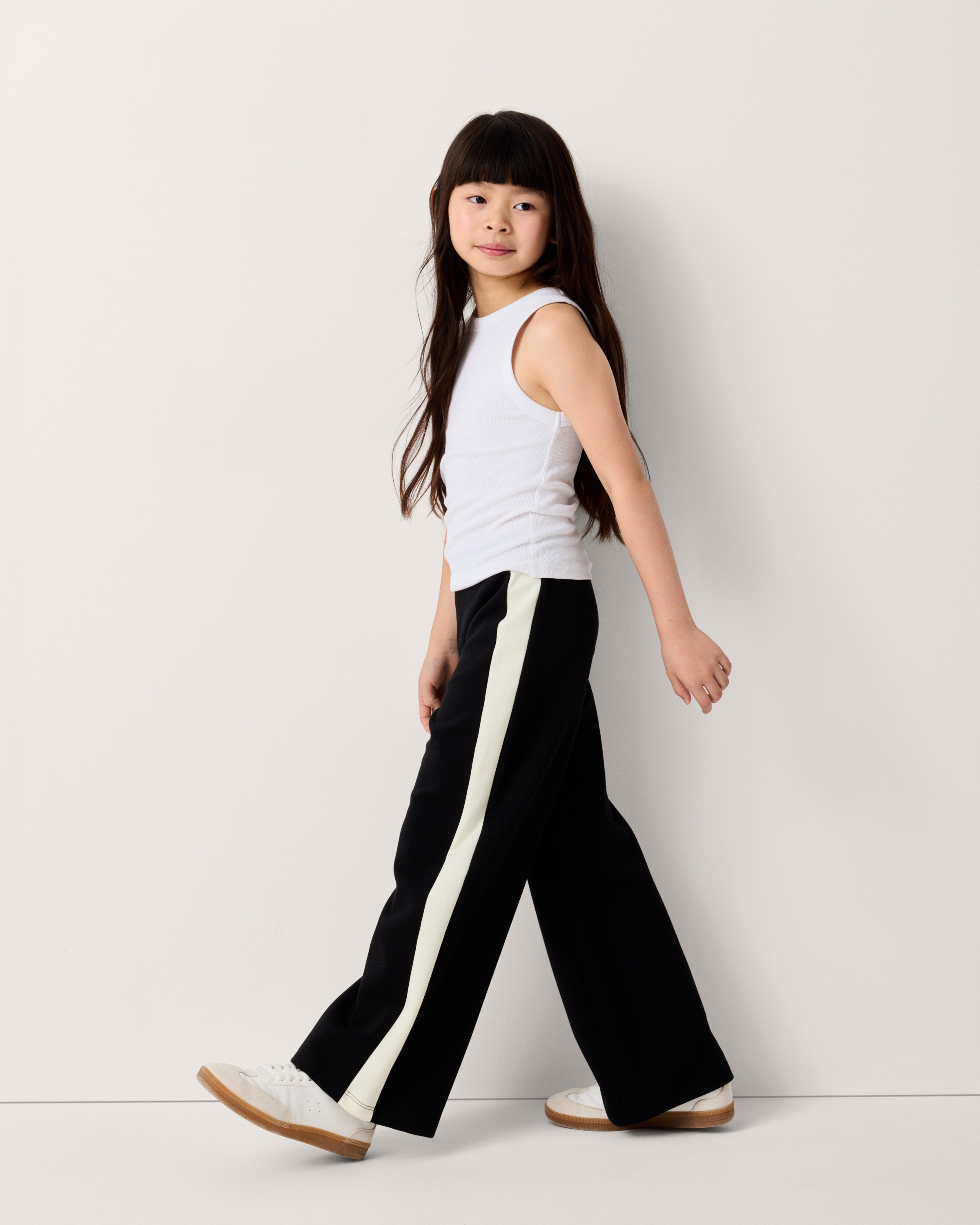 F&F Girls Cotton Rich Side Stripe Wide Leg Joggers in Black