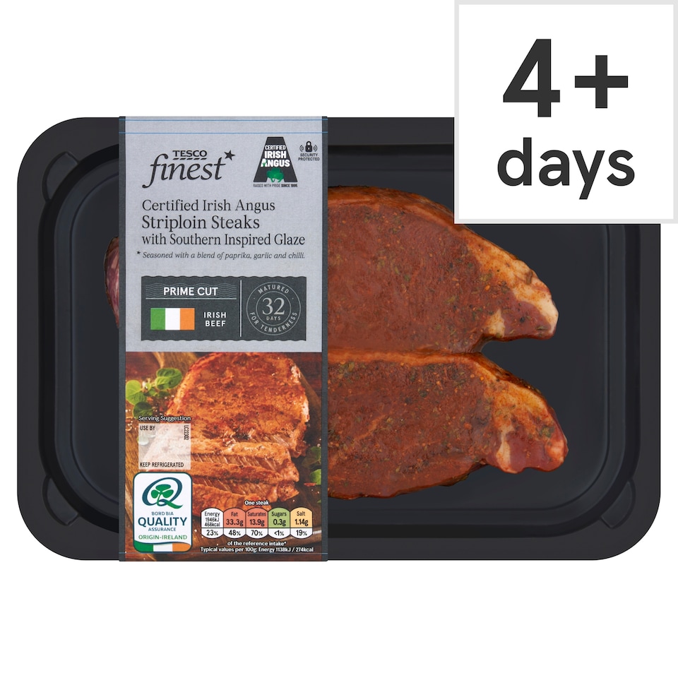 Tesco Finest Certified Irish Angus Striploin Steaks with Southern Inspired Glaze 400g
