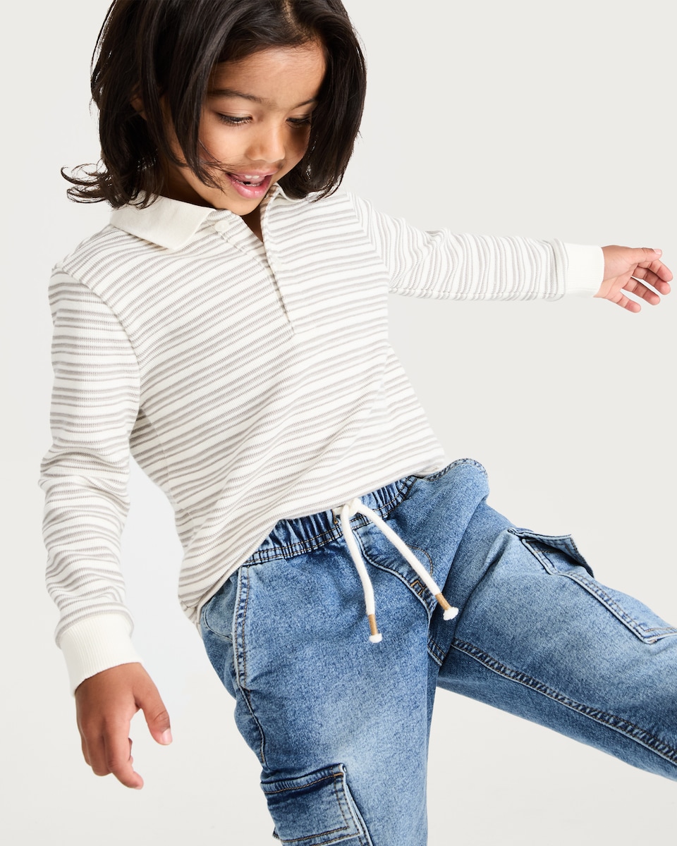 image 1 of F&F Boys Cotton Rich Stripe Long Sleeved Polo Shirt in Grey