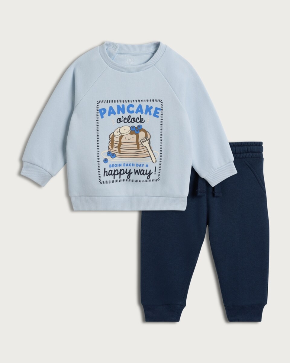 F&F Baby 2-Piece Cotton Rich Pancake O'Clock Sweatshirt and Joggers Set in Blue
