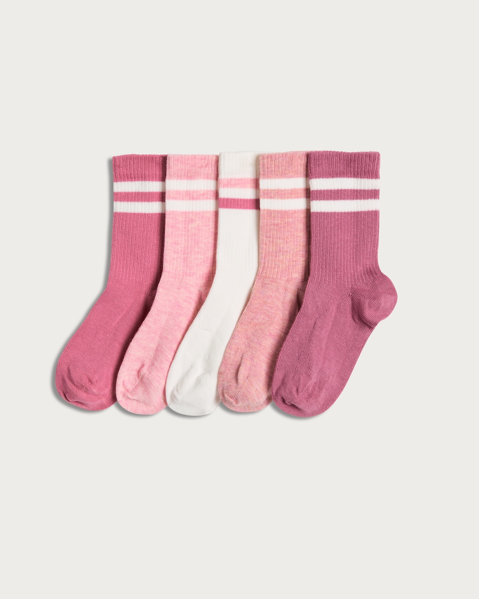 F&F Girls 5-Pack Cotton Blend Stripe Ankle Socks in Pink Multi