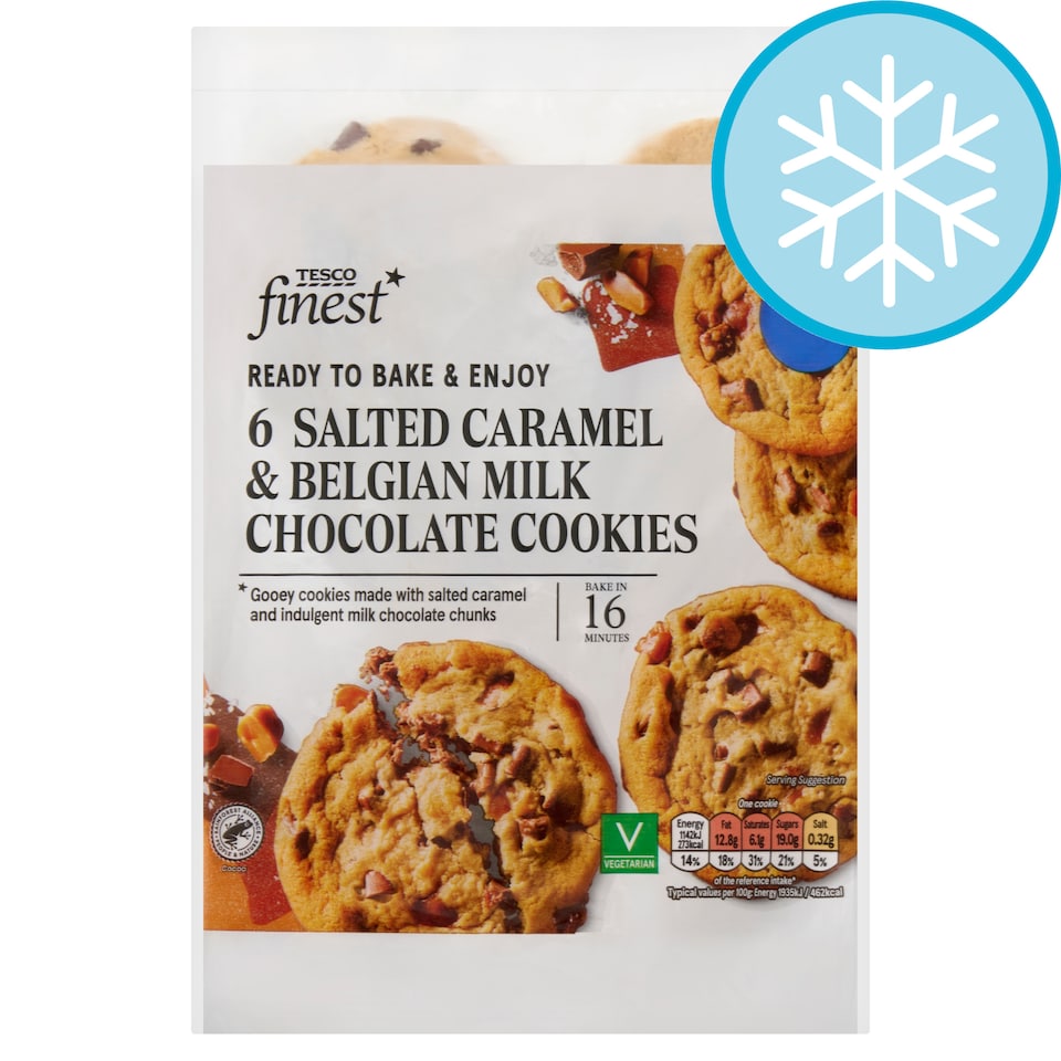 Tesco Finest 6 Salted Caramel & Belgian Milk Chocolate Cookies 372g.