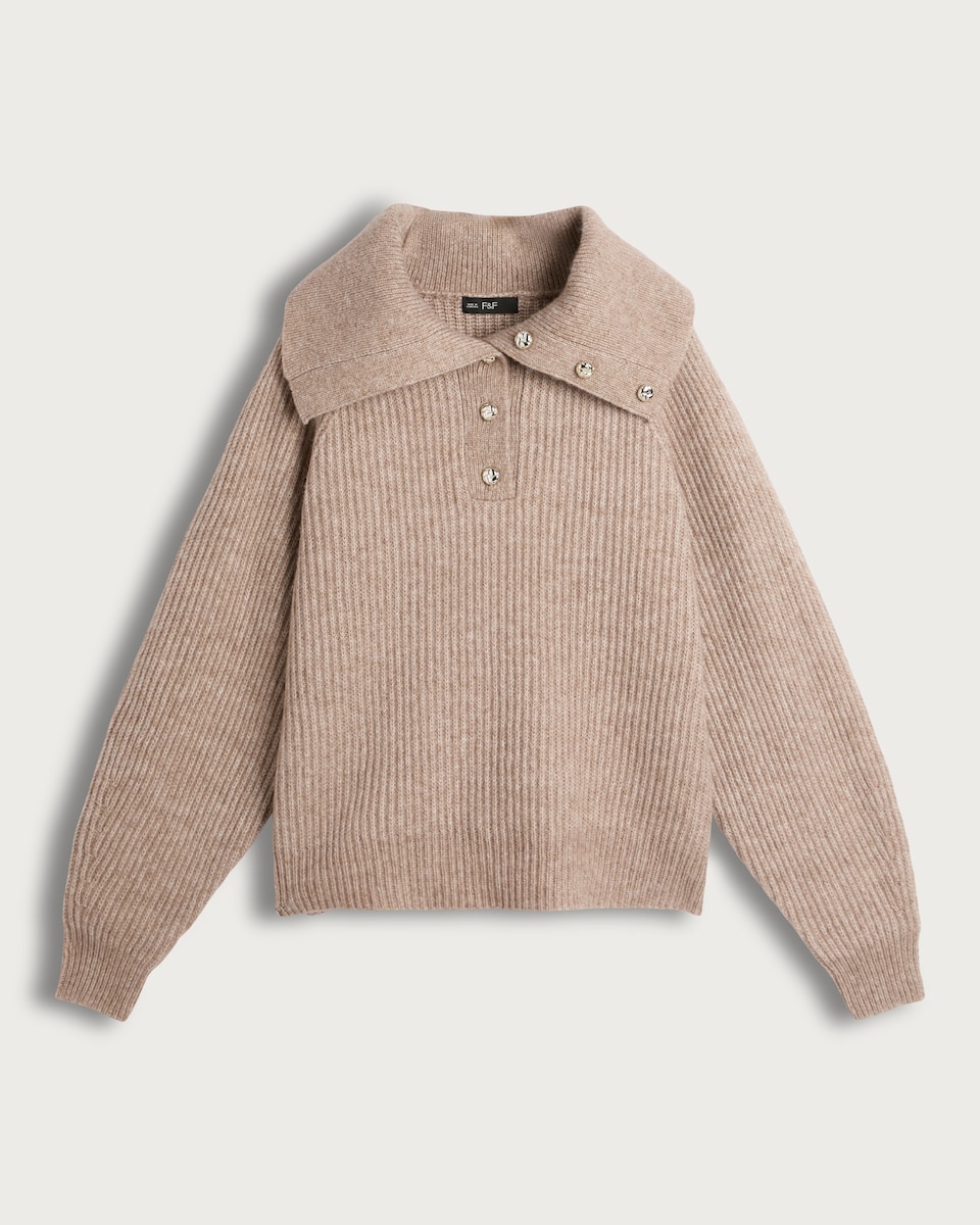 F&F Ribbed Knit Button Collar Jumper with Wool in Mink