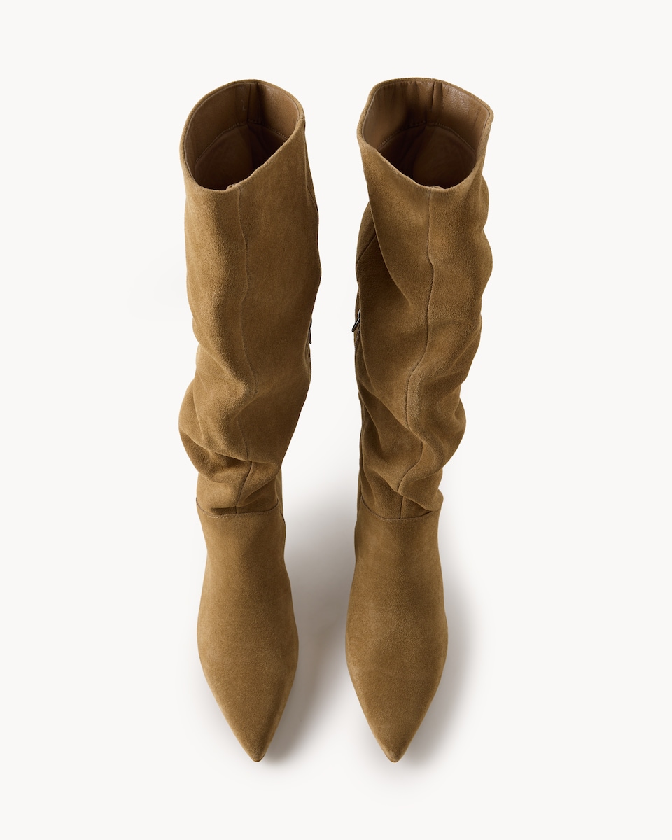 image 1 of SACHA Suede Knee High Slouchy Boots in Tan
