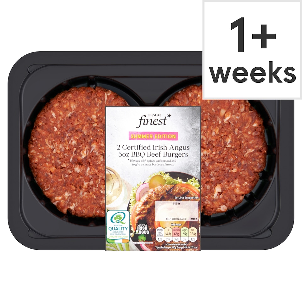 Tesco Finest 2 Certified Irish Angus 5oz BBQ Beef Burger 284g