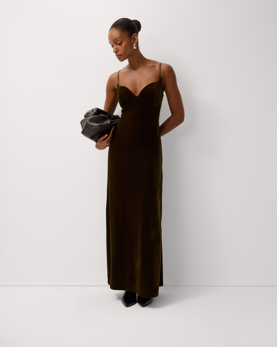 image 1 of F&F Velvet Strappy Midi Dress in Khaki