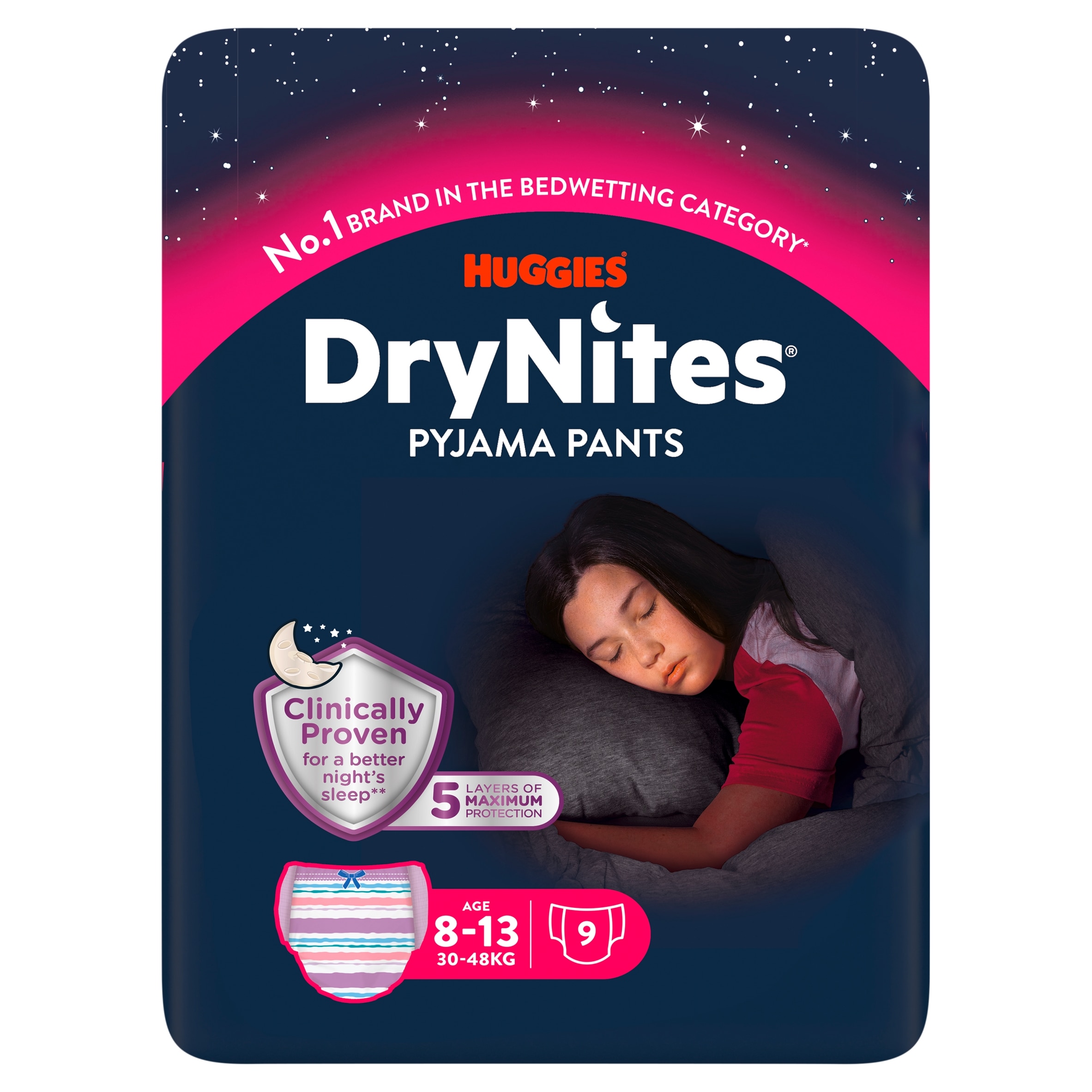 Huggies DryNites Bedwetting Pyjama Nappy Pants Girl 8-13Yr x 9