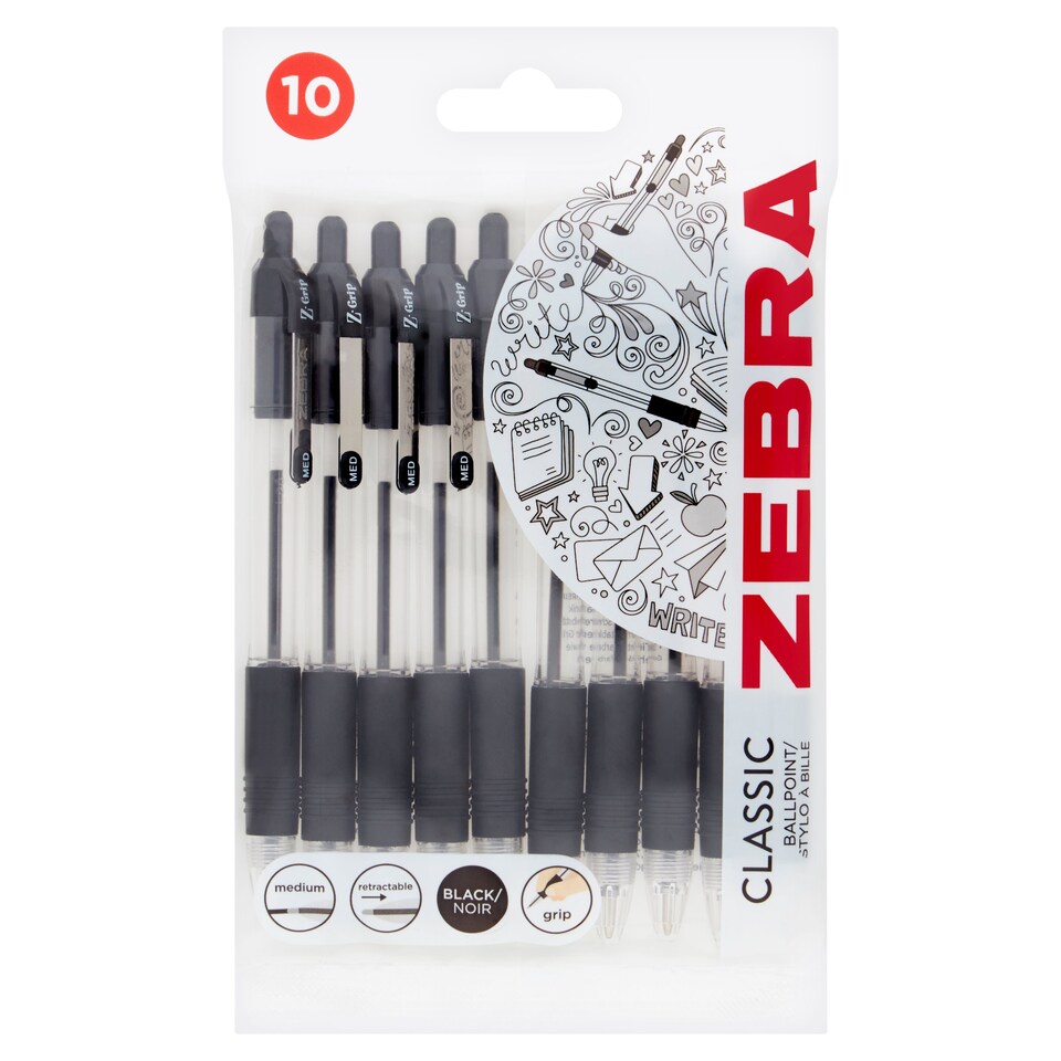 Zebra Grip Ballpoint Pens Black 10 Pack Tesco Groceries