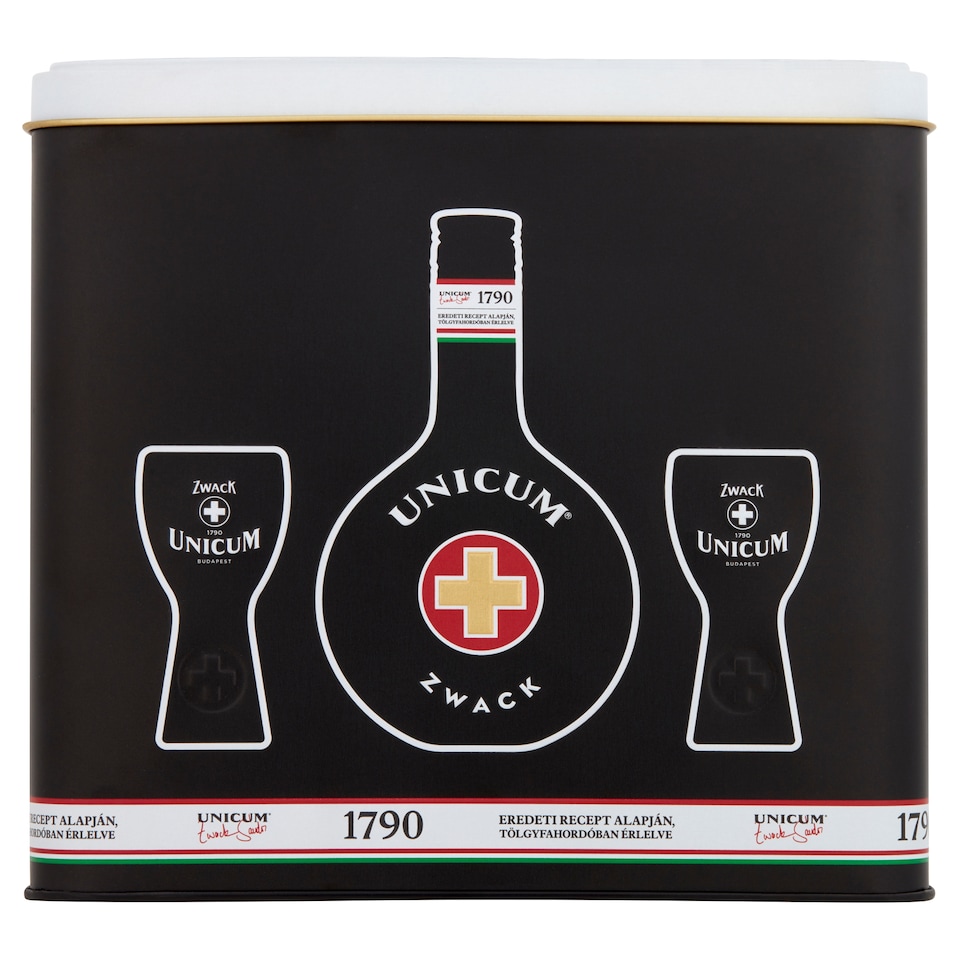 Zwack Unicum Herb Liqueur with 2 Glasses in Metal Gift Case 40% 0,5 l