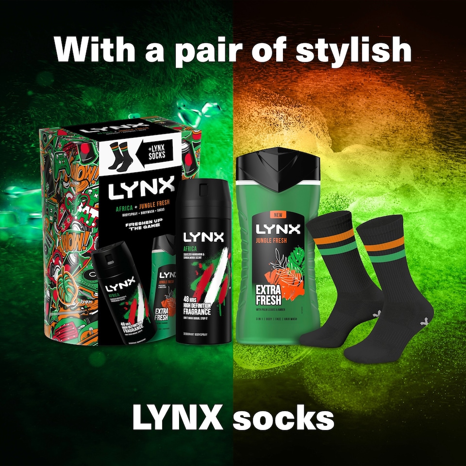 image 1 of Lynx Africa Bodyspray, Jungle Fresh Body Wash & Socks Gift Set