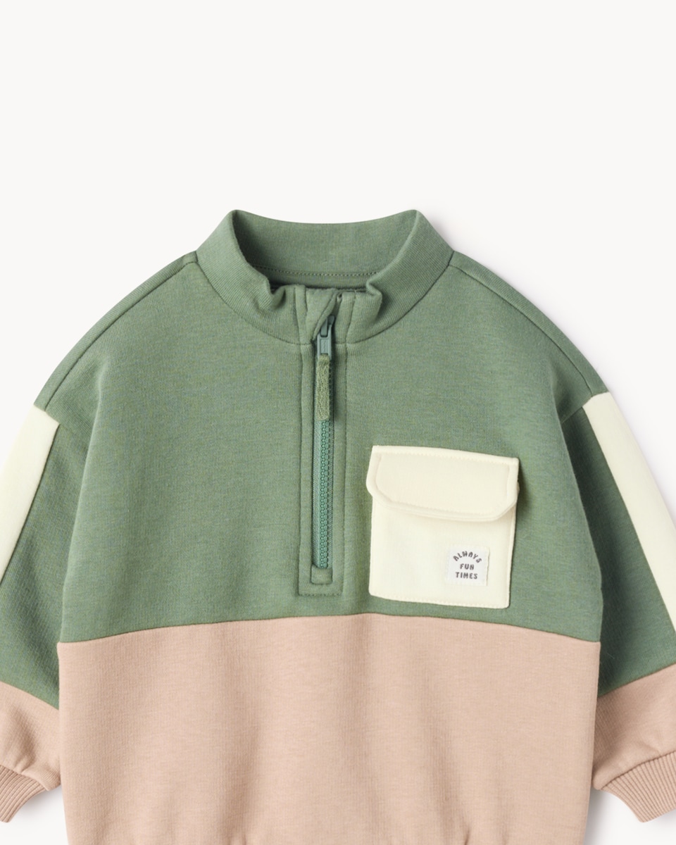 image 1 of F&F Baby Cotton Rich Colour Block Sweatshirt and Joggers Set in Green