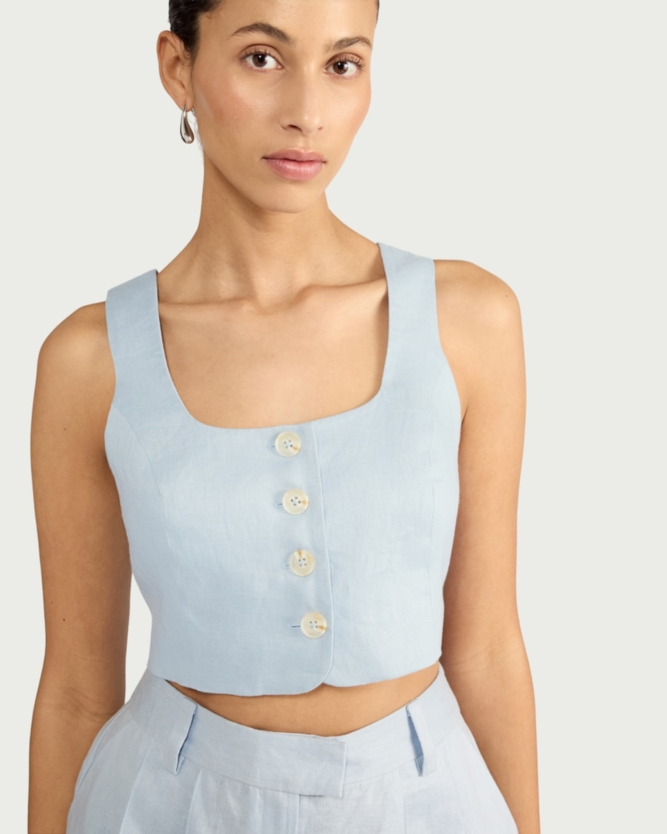 image 1 of F&F Pure Linen Button Front Cropped Waistcoat in Blue
