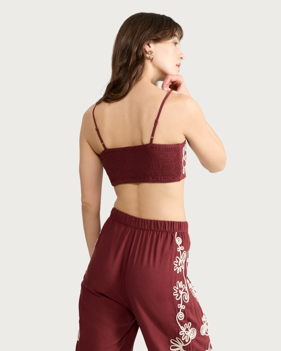 image 1 of The F&F Edit Embroidered Strappy Co-ord Crop Top in Burgundy