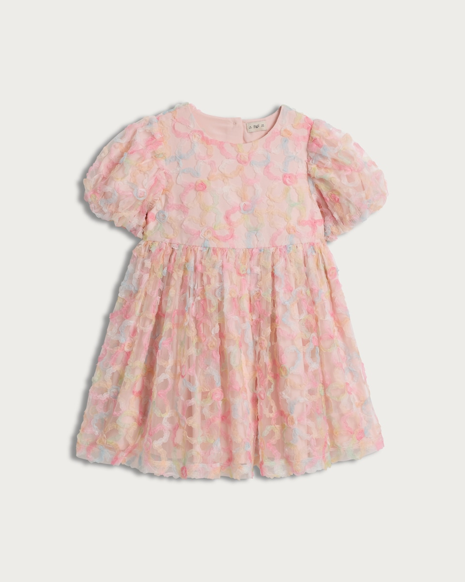 image 1 of F&F Girls Rainbow Floral Puff Sleeve Dress in Multi