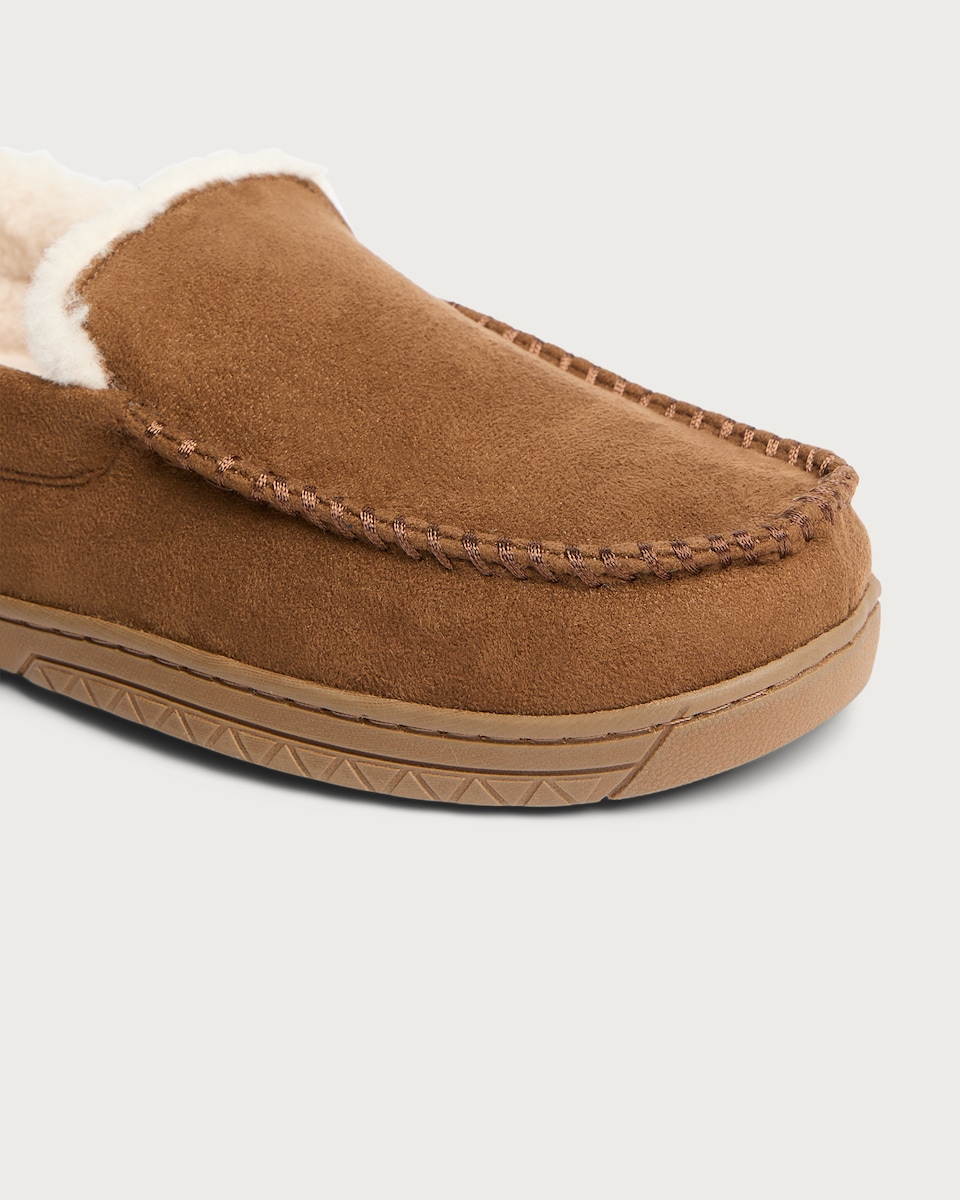 image 1 of F&F Faux Suede Fur Lined Moccasin Slippers in Tan