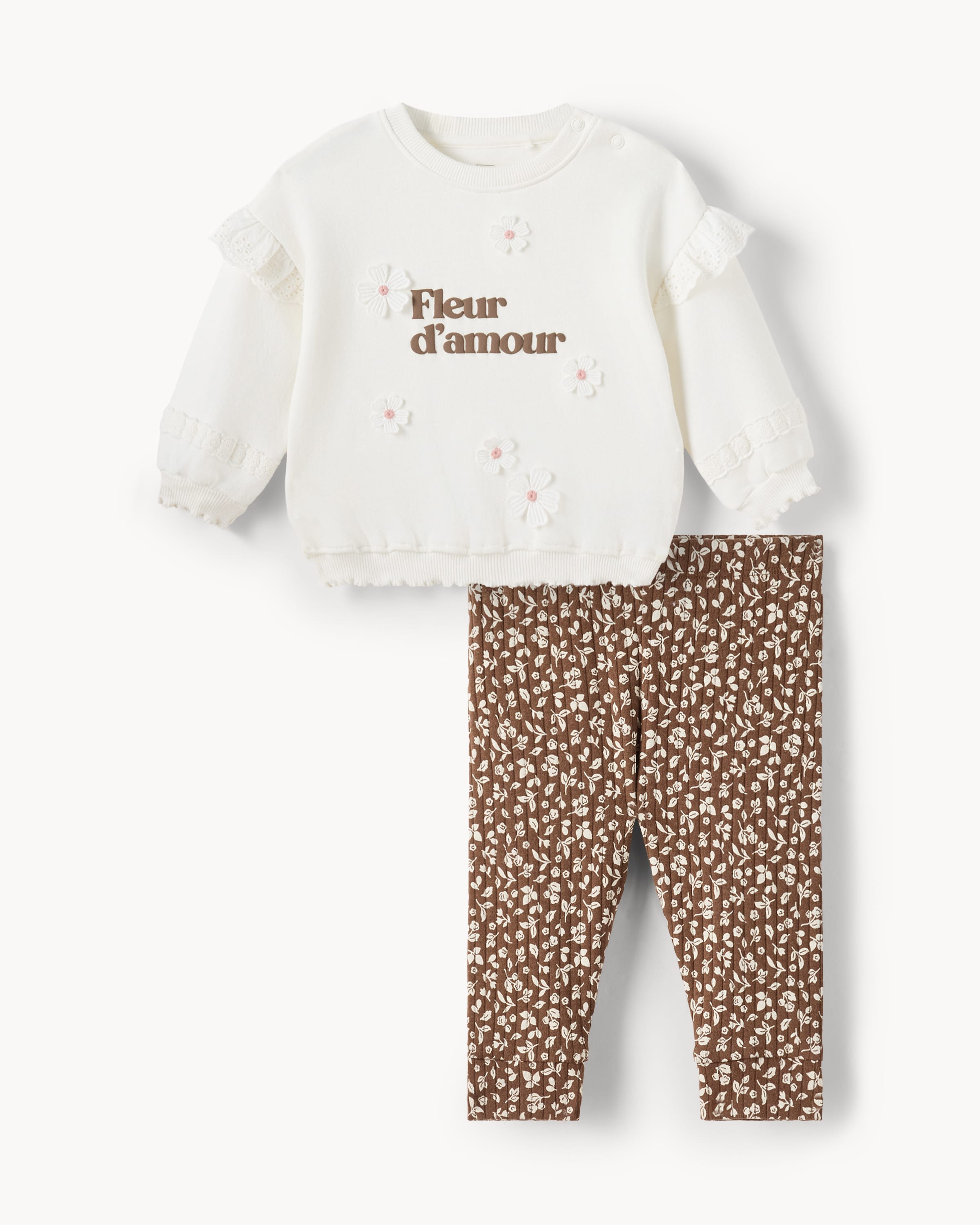 F&F Baby Cotton Rich Embroidered Sweatshirt and Leggings Set in Cream, 0-3 Mo