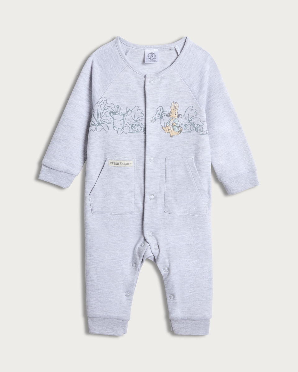 image 1 of Peter Rabbit Cotton Rich Long Sleeved Sleepsuit in Grey