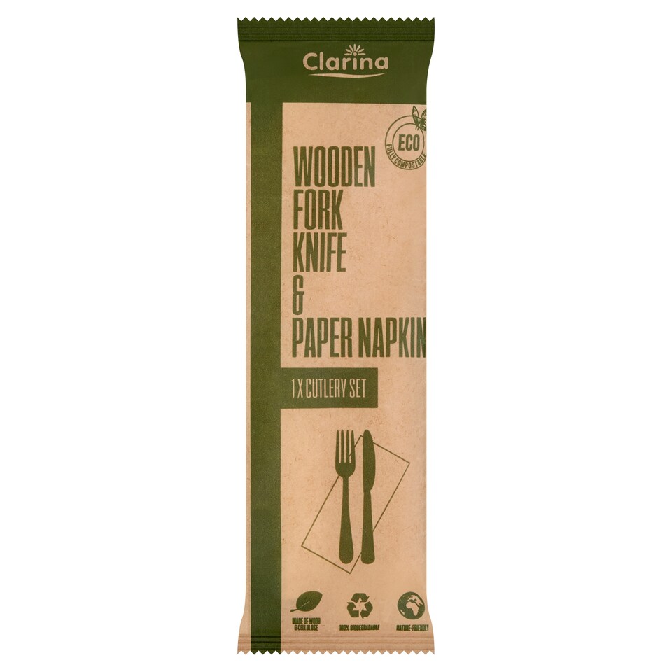 Clarina Wooden Fork, Knife + Paper Napkin