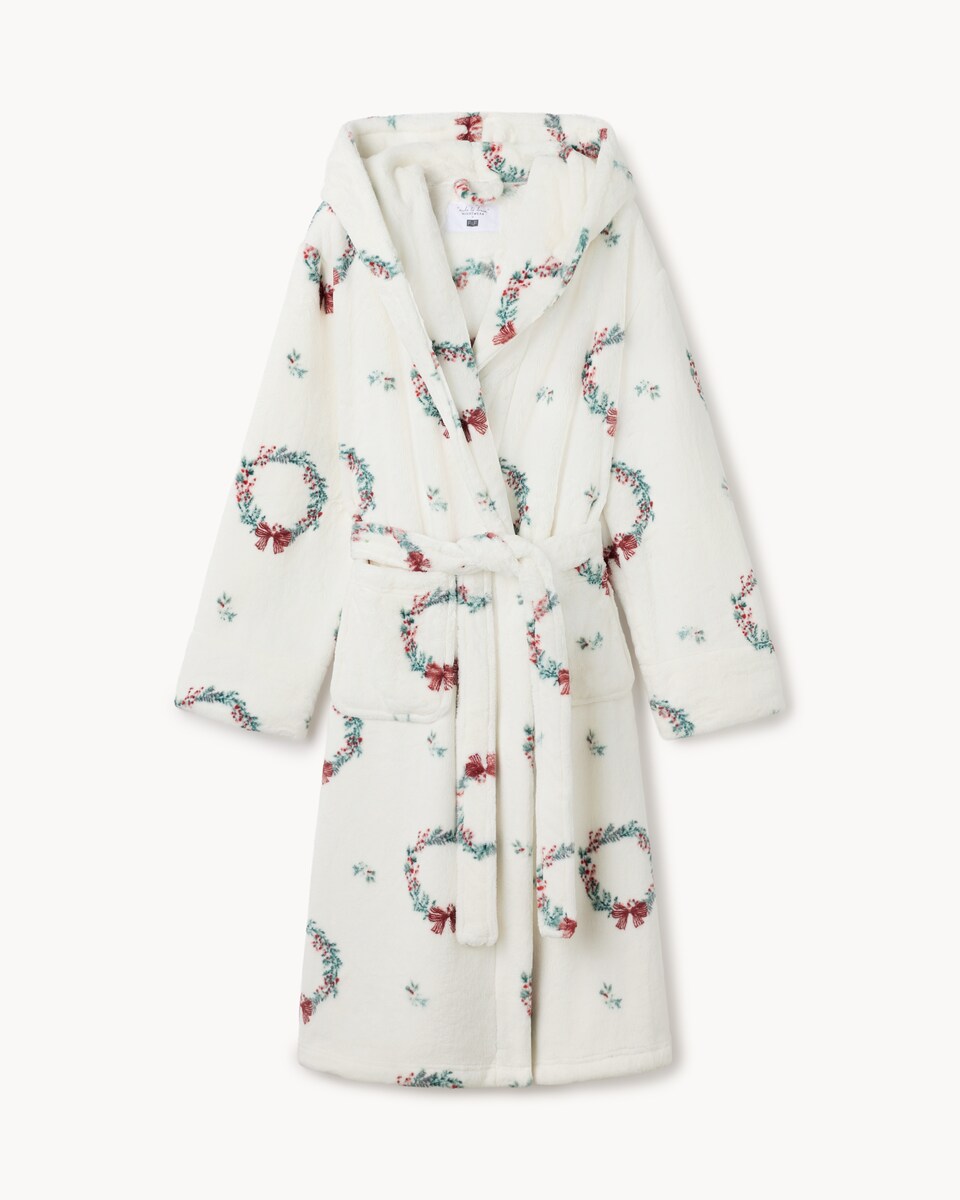 image 1 of Christmas Fleece Wreath Hooded Dressing Gown in Cream