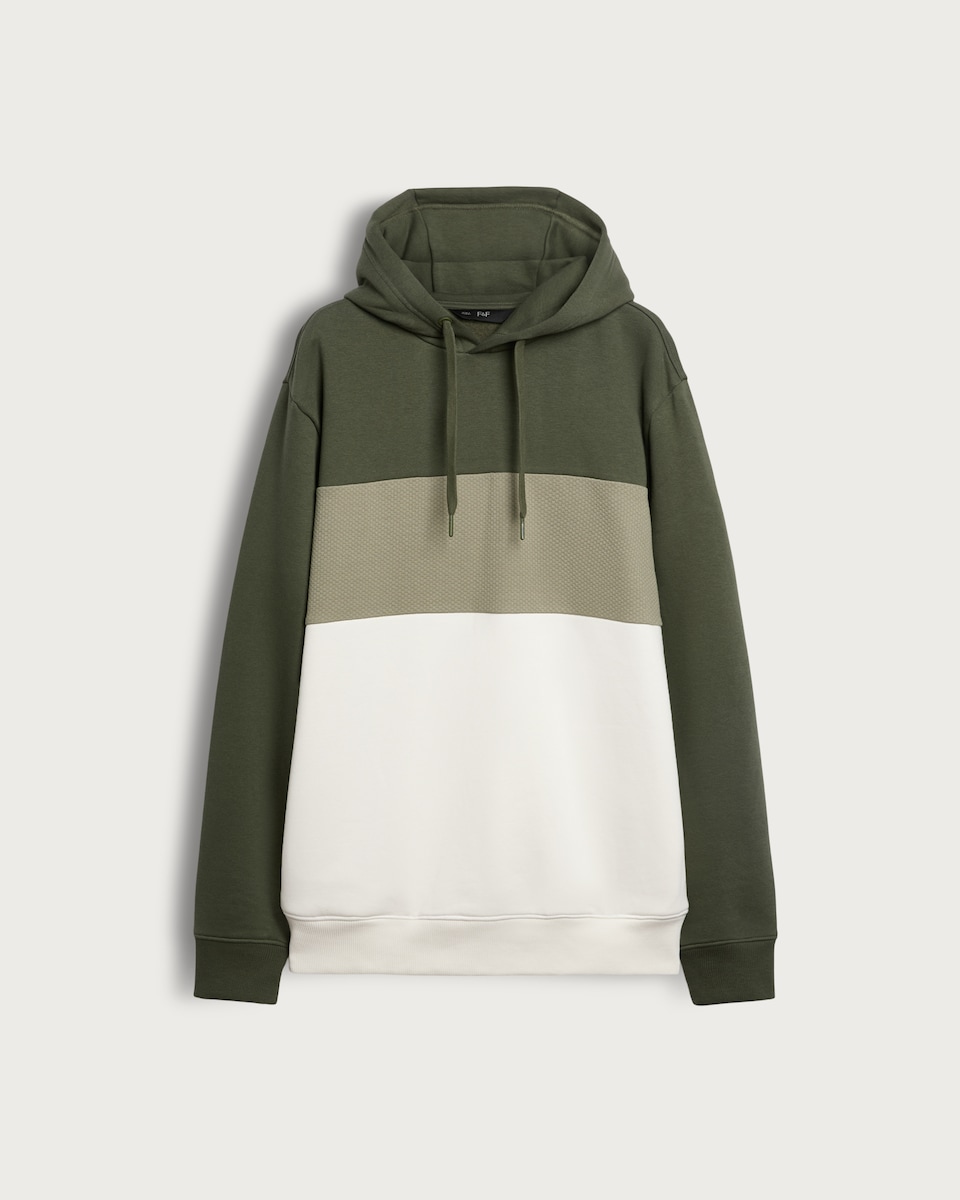 image 1 of F&F Textured Cotton Rich Colour Block Drawstring Hoodie in Khaki