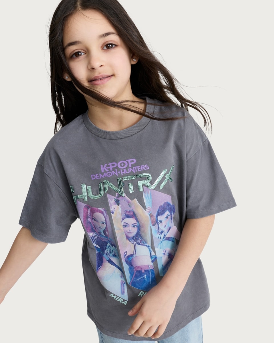 image 1 of K-Pop Demon Hunters Pure Cotton Huntrix T-Shirt in Grey