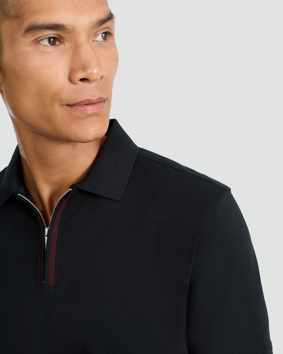 image 1 of F&F Pure Cotton Zip Neck Short Sleeved Polo Shirt in Black