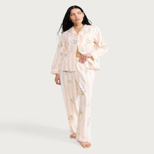 F&F Poplin Floral Striped Revere Pyjama Set in Coral