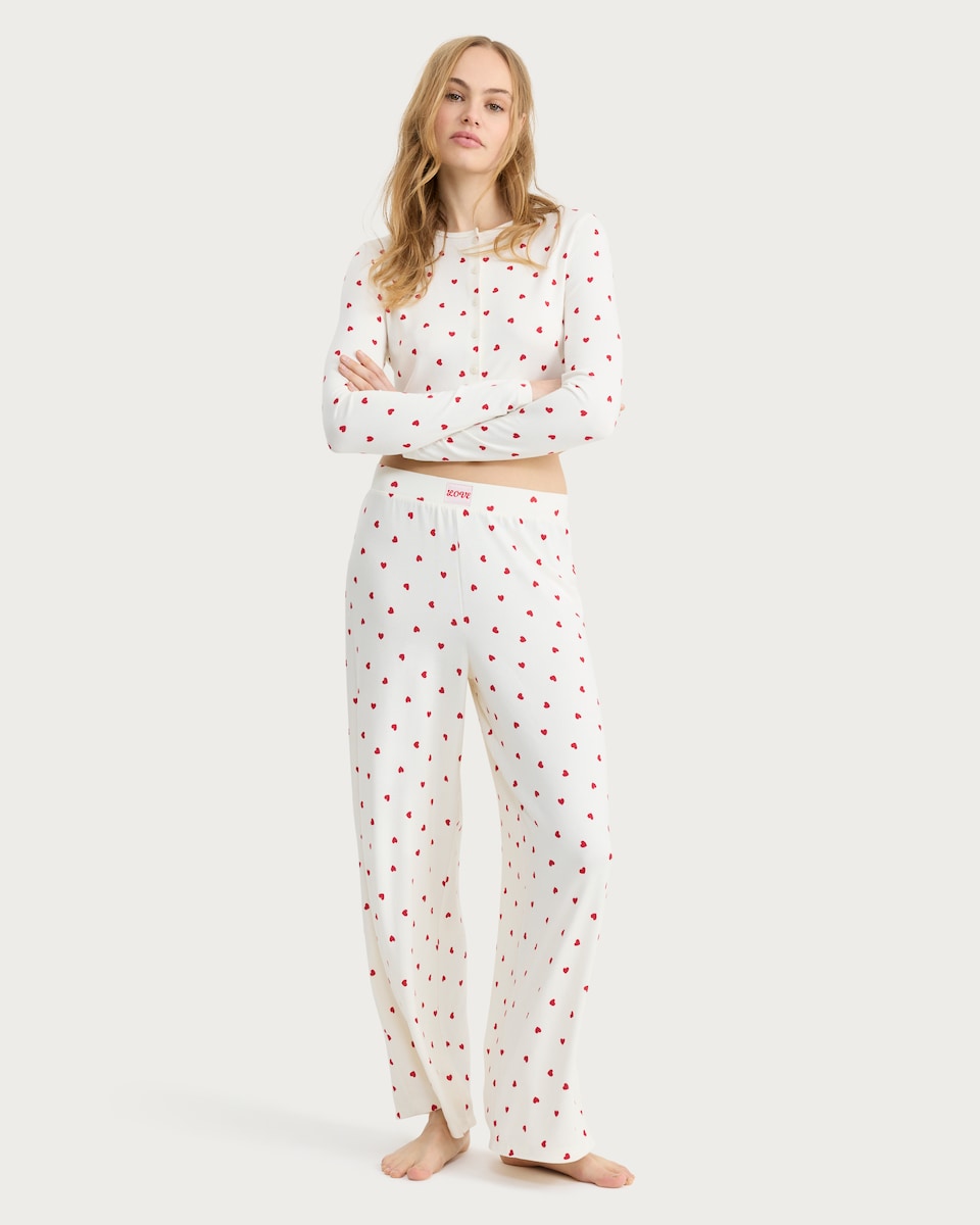 image 1 of F&F Snit Textured Heart Print Button Top and Bottoms Pyjama Set in Cream