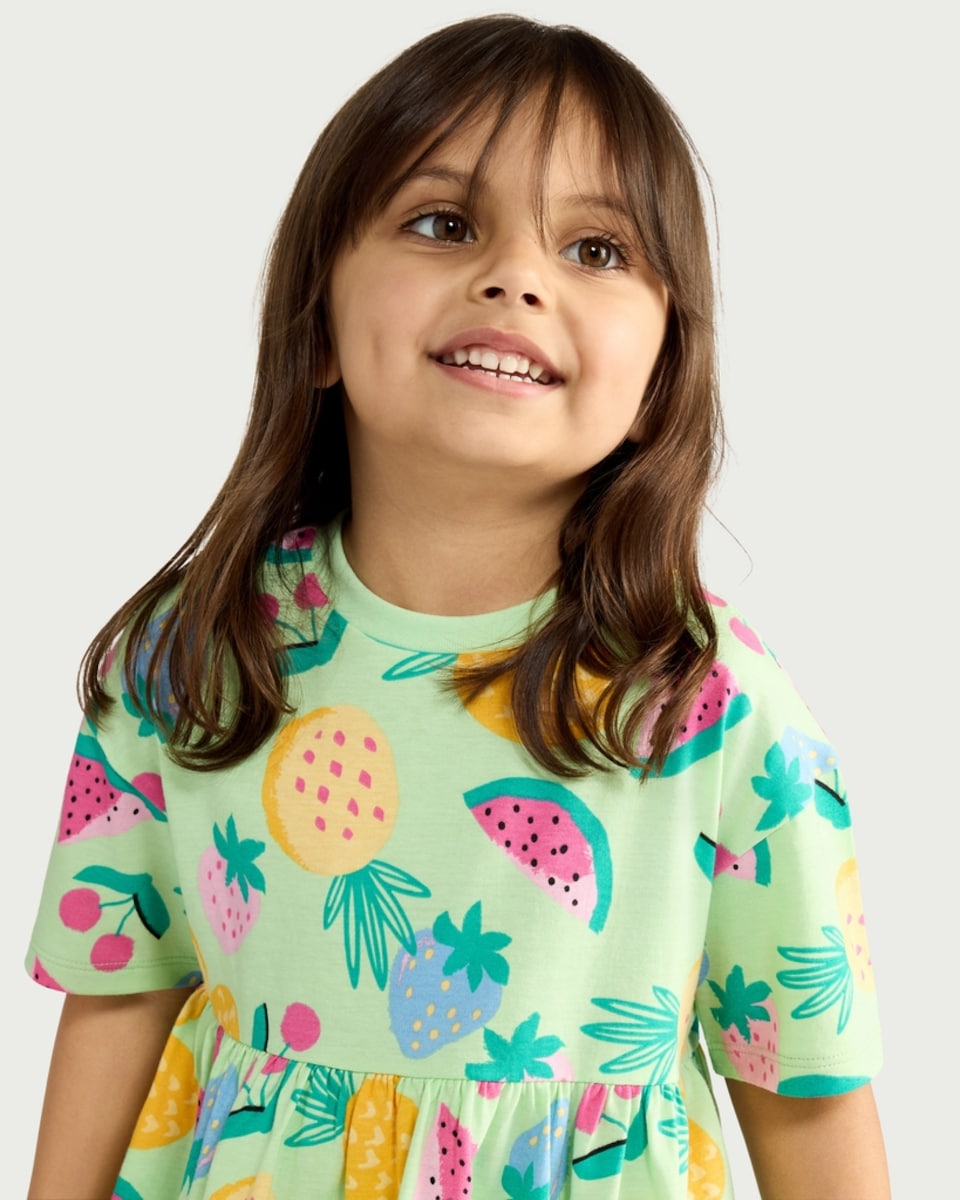 image 1 of F&F Girls Pure Cotton Fruit Print Short Sleeved Dress in Multi Green