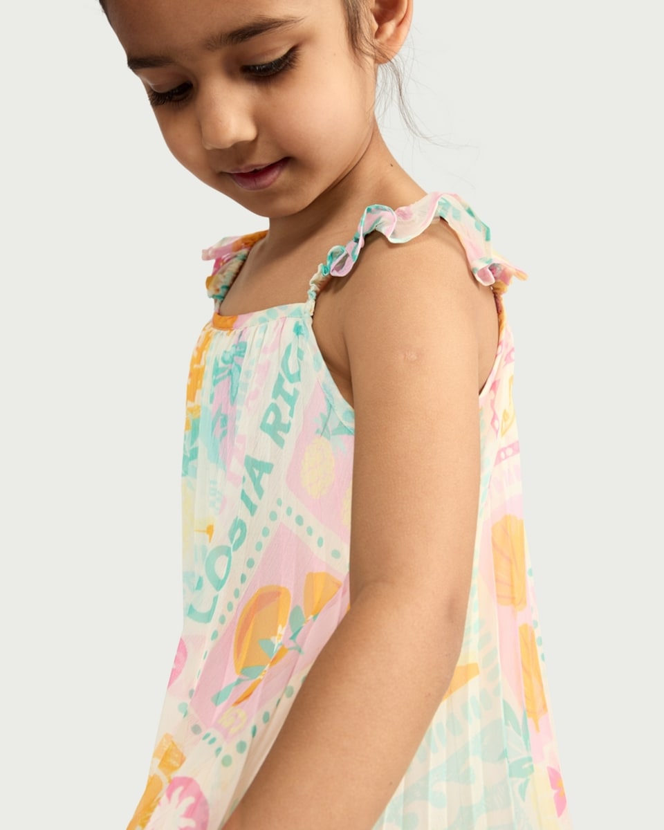 image 1 of F&F Girls Tropical Print Pleated Dress in Multi