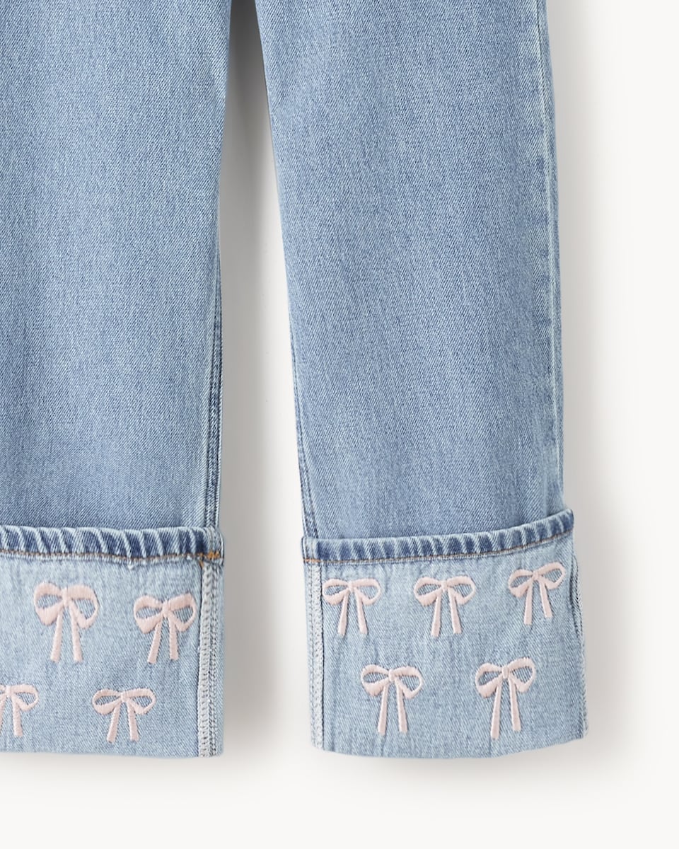 image 1 of F&F Girls Cotton Rich Embroidered Bow Turn Up Wide Leg Jeans in Blue