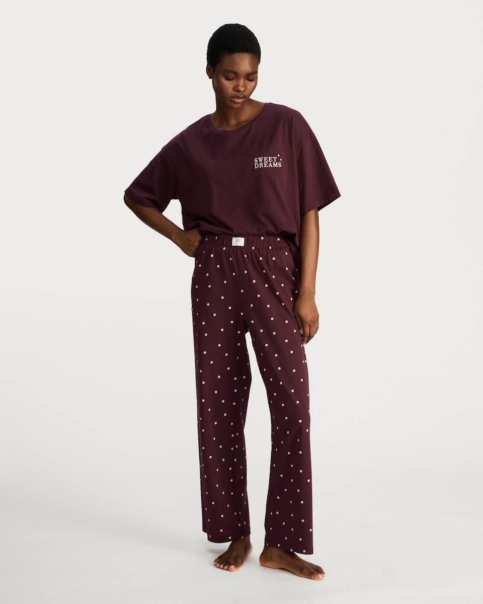 image 1 of F&F Pure Cotton Polka Dot Pyjama Bottoms in Burgundy